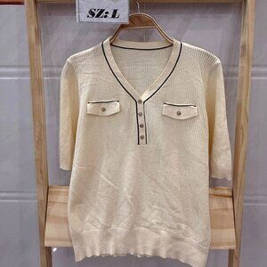 Cream Ivory V-Neck Knit Top Black Trim Gold Button